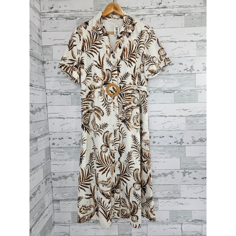 Noeline Paris Women White Brown Tropical Palm Eyelet Belted Midi Shirt Dress M/L